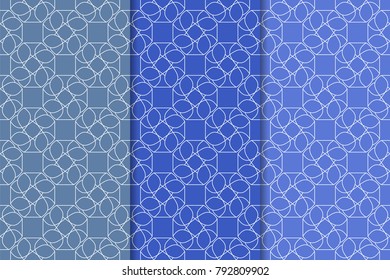 Blue geometric ornaments. Set of vertical seamless patterns for web, textile and wallpapers