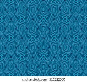 Blue geometric pattern based on the elements of optical illusions. Vector illustration. For the interior design, wallpaper, background, decoration print, fill pages.