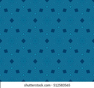 Blue geometric pattern based on the elements of optical illusions. Vector illustration. For the interior design, wallpaper, background, decoration print, fill pages.