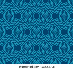 Blue geometric pattern based on the elements of optical illusions. Vector illustration. For the interior design, wallpaper, background, decoration print, fill pages.
