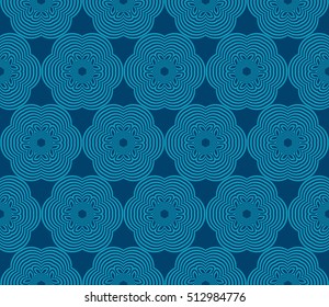 Blue geometric pattern based on the elements of optical illusions. Vector illustration. For the interior design, wallpaper, background, decoration print, fill pages.