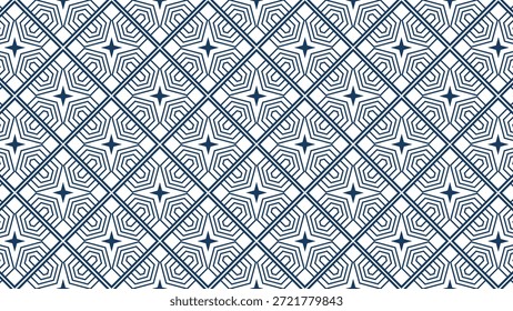 Patrón geométrico azul sobre un fondo blanco con rejillas de diamante repetidas, Formas de estrellas y líneas en capas, creando un diseño decorativo clásico, elegante y simétrico.