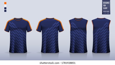 Blue Geometric pattern t-shirt mockup or sport shirt template design for soccer jersey or football kit. Tank top for basketball jersey or running singlet. sport uniform in front view back view. Vector