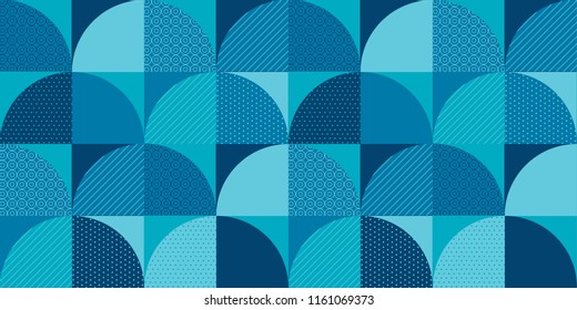 Blue geometric patterns patchwork. Water and sea inspired seamless pattern for fabric and other surface design. Abstract mosaic repeatable motif.
