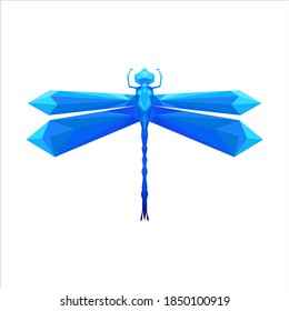 Blue geometric polygon dragonfly. Abstract insect symbol. Vector. White background