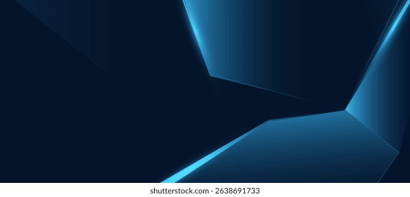 Blue geometric polygon with glowing diagonal lines on dark blue background