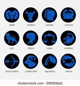 Blue geometric polygon zodiac signs and icons