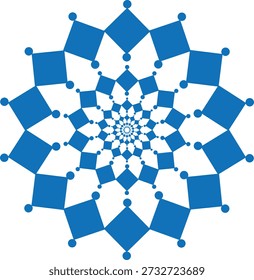 Padrão radial geométrico azul de quadrados e círculos criando um efeito de estelar ou floco de neve em um fundo branco