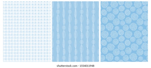 Blue Geometric Seamless Vector Patterns.White Abstract Leaves and Flowers on a Blue Background.Simple Print with White Elements on a Light Blue Layout. Baby Boy Party Repeatable Vector Design.