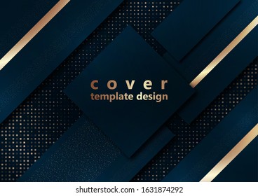 Blue geometric shapes on a background of halftones from squares. Inclined stripes and small particles of gold color. Universal template for cover design, business card, flyer. Vector illustration