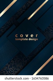 Blue geometric shapes on a background of halftones from squares. Inclined stripes and small particles of gold color. Universal template for cover design, business card, flyer. Vector illustration