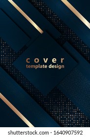 Blue geometric shapes on a background of halftones from squares. Inclined stripes and small particles of gold color. Universal template for cover design, business card, flyer. Vector illustration