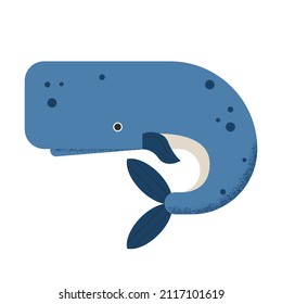 Blue geometric sperm whale with blue fins. Large marine animal of an abstract appearance on a white background.
