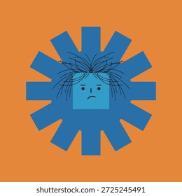 Una estrella geométrica azul con una cara triste y cuadrada y el pelo desordenado sobre un fondo naranja. Diseño minimalista y moderno.
