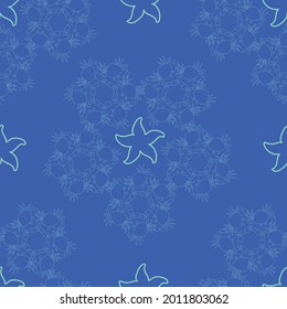 Blue geometric starfish crabs vector seamless pattern 