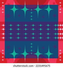 Blue geometric stars, fantasy, circus or christmas themed square vector background wallpaper with red frame. Cool background for social media post, website, poster, or brochure wallpaper isolated.