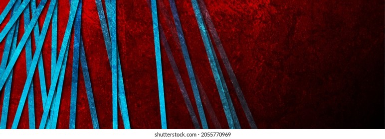 Rayas geométricas azules sobre fondo de grunge rojo oscuro. Diseño de banderas de vectores de tecnología