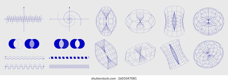 Blue geometric structures, waveforms, mathematical models, and optical grid designs arranged in modern minimalist style. Science. Modern aesthetics, minimalist art. Vector design for creative projects
