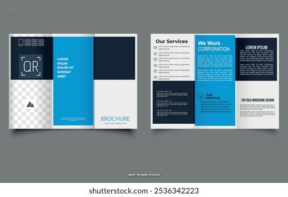 Blue geometric trifold brochure. For design and print. Vector illustration