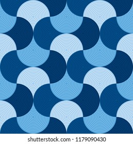 Blue geometric wallart motif. Water and sea inspired seamless pattern for fabric and other surface design. Abstract mosaic repeatable motif.