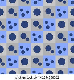 Blue geometric zigzag pattern of small and large circles and squares. Dark blue circles on a chess background.