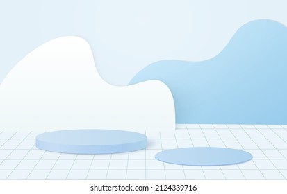 Blue geometrical 3d background with product podium. Minimal 3d rendering.