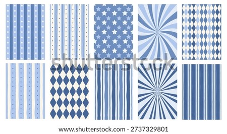 Blue geometry pattern set vector background collection with stars stripes and argyle in various shades of blue and beige fresh spring and nautical theme