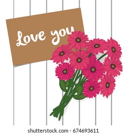 blue gerbera flower , ribbon , and note on wood background vector illustration