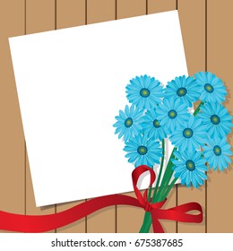 blue gerbera flower , ribbon , and note on wood background vector illustration