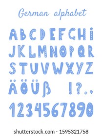 Blue German alphabet in scandinavian style on white background. Cute letters for your design.