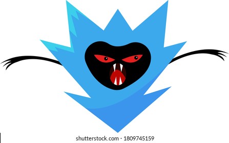 blue ghost with black face open mouth and sharp fangs sparkle red evil eyes object on white background mystic and halloween concept