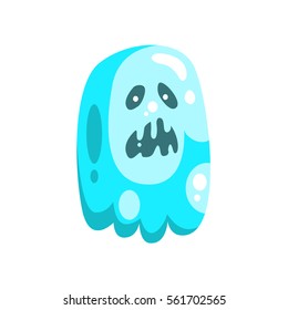 Blue Ghost In Childish Cartoon Manner Isolated On White Background.