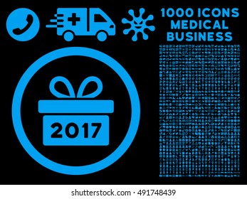 Blue Gift 2017 Year vector rounded icon. Image style is a flat icon symbol inside a circle, black background. Bonus clip art includes 1000 health care business pictographs.
