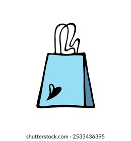 Blue gift bag with heart. Bags for fashion ads, seasonal sales, and store promotions. Sketch illustration. Vector image.