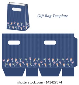 Blue gift bag template with cocktail, wine and juice. Vector illustration.