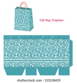 Blue gift bag template with seamless pattern. Vector illustration.