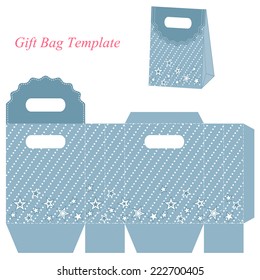 Blue gift bag template with stars and dot pattern, vector illustration