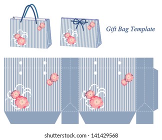 Blue Gift Bag Template With Stripes And Pink Flowers. Vector Illustration.