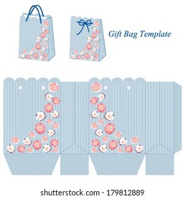 Blue gift bag template with stripes and pink flowers. Vector illustration