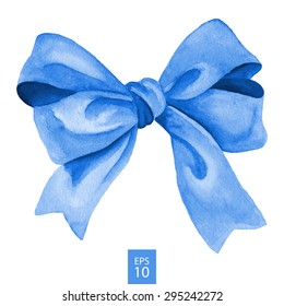 Blue gift bow. Watercolor drawing. Vector illustration