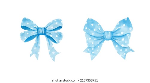 Blue gift bow in watercolor style isolated on white background. Hand drawing decorative bow elements vector illustration