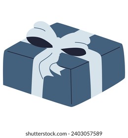 Un regalo azul con un arco.Regalo, presente para celebraciones de vacaciones y ocasiones especiales. Caja de cumpleaños aislada o aniversario con papel de envoltura. Venta, concepto de comercio. Colorido envuelto.