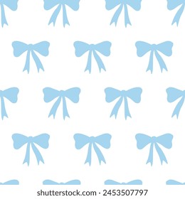 Blue Gift Bows Hand Drawn Seamless Pattern. Romantic Ribbon Bowtie Vintage Doodle Background Texture. Vector Illustration. Wedding, Birthday celebration, holiday decoration print.