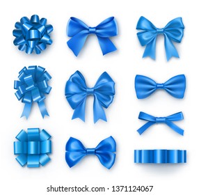 Blue gift bows with ribbons. Realistic decoration for holidays presents and cards. Elegant object from silk vector illustration. Valentines or birthday decor isolated on white background