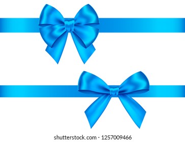 Blue  gift  bows set  isolated on white background. Christmas, New Year, birthday  decoration. Vector realistic decor element  for banner, greeting card, poster.