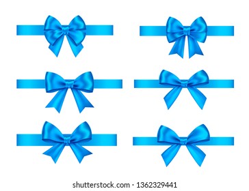 Blue  gift  bows set  isolated on white background. Christmas, New Year, birthday  decoration. Vector realistic decor element  for banner, greeting card, poster.