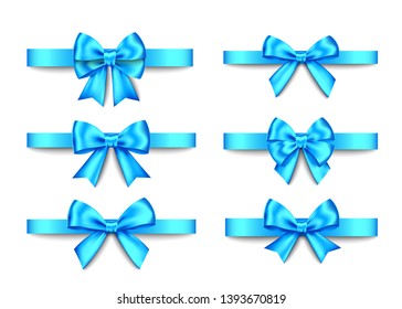 Blue  gift  bows set  isolated on white background. Christmas, New Year, birthday  decoration. Vector realistic decor element  for banner, greeting card, poster.