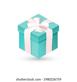 Blue gift box with a bow in a ribbon on a white isolated background. Realistic 3D gift for New Year, Christmas, Birthday, Valentine's Day, holiday, party. Vector illustration.