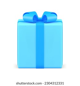 Blue gift box with bow and ribbon square wrapped surprise container 3d object realistic vector illustration. Present squared pack festive holiday congratulations happy birthday celebration design