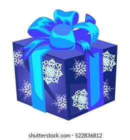Blue gift box with a bow with wrapped paper with the texture of snowflakes isolated on a white background. Vector cartoon close-up illustration.